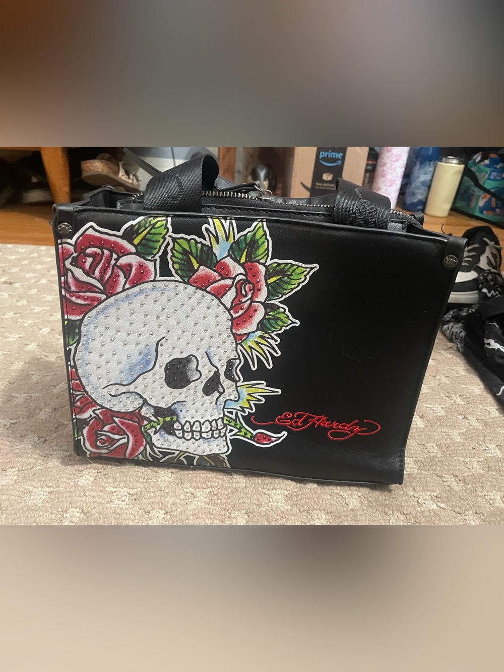 Ed Hardy Black Satchel with Rhinestone Skull and Red Roses